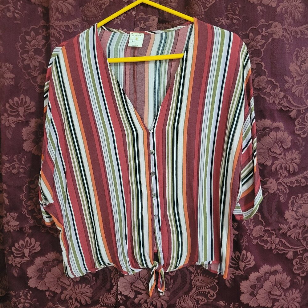 Be Together Striped Ladies Size Large Short Sleeved Tie Button Blouse